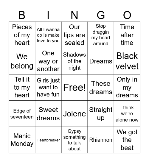 70s & 80s Ladies Bingo Card