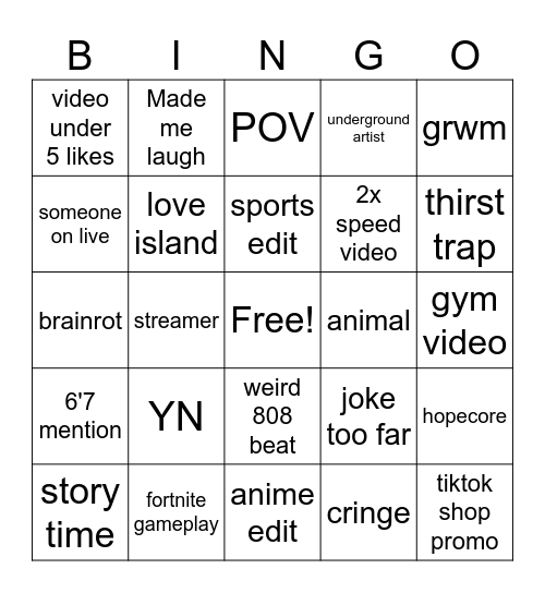 tiktok Bingo Card