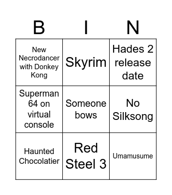 Nintendo Direct Bingo Card