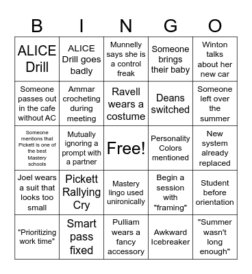 Staff Orientation Bingo Card