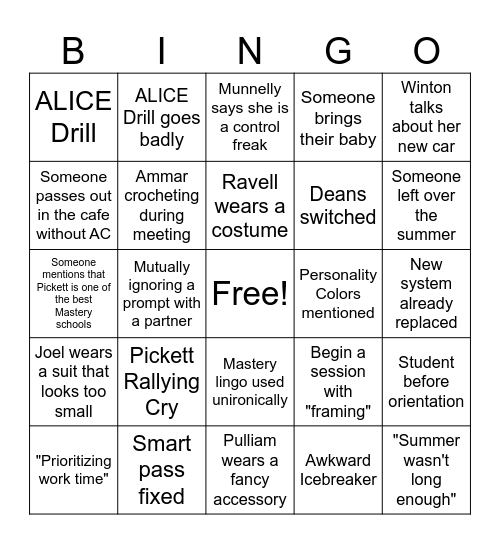Staff Orientation Bingo Card