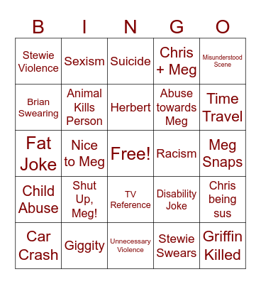 Family Guy Bingo Card