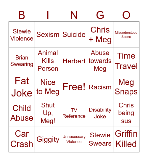 Family Guy Bingo Card