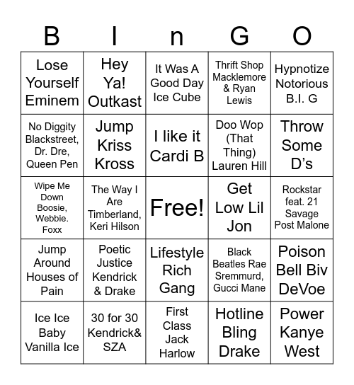 Hip Hop Bingo Card