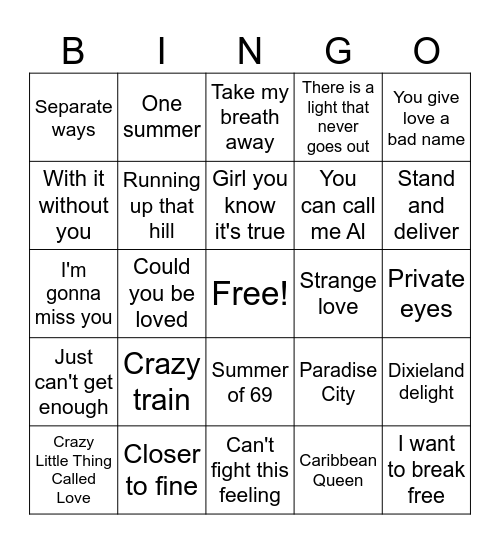 More 80s Bingo Card