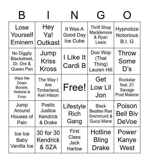 Hip Hop Bingo Card