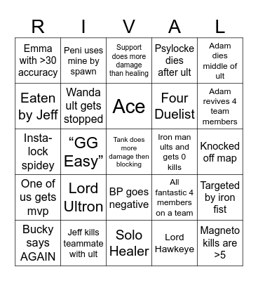 Marvel rivals bingo Card