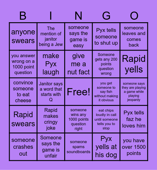 Pyxelz Wacky Bingo Board Bingo Card