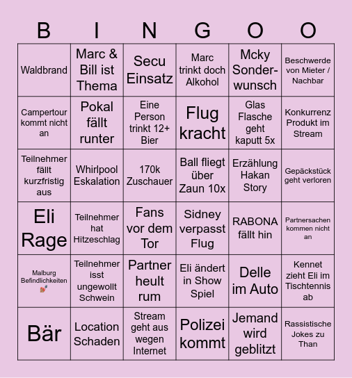 Summer Games Bingo Card