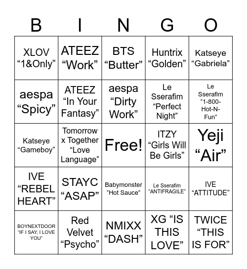 K Pop Bingo Card