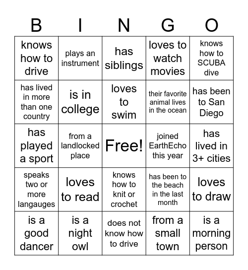 EarthEcho Bingo! Bingo Card