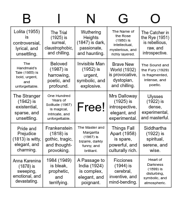 Great Books - 3 Adjectives Bingo Card