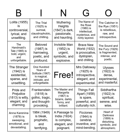 Great Books - 3 Adjectives Bingo Card