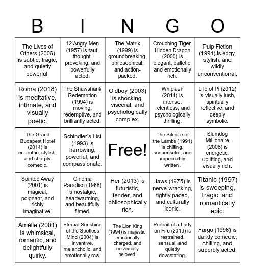 Great Films -- 3 Adjectives Bingo Card