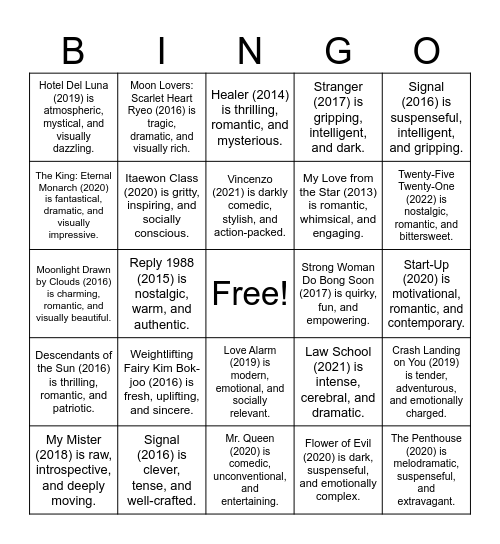 Korean Dramas -- 3 Adjectives Bingo Card