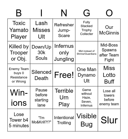 Deadlock Bingo Card