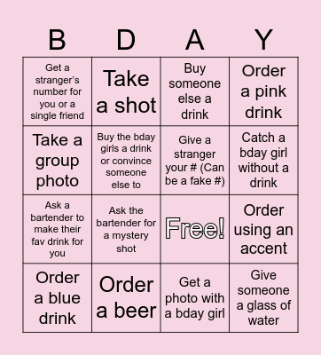 Bar Scavenger Hunt Bingo Card