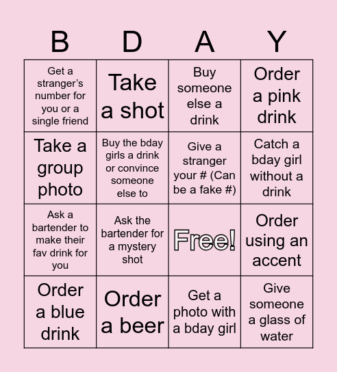 Bar Scavenger Hunt Bingo Card