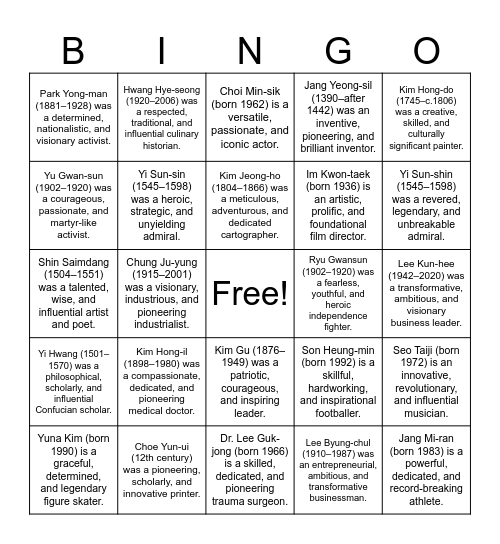 Famous Koreans -- 3 Adjectives Bingo Card