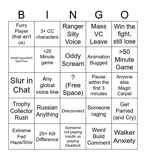 Deadlock Flopstation Bingo Card