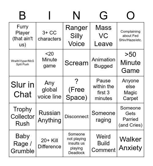 Deadlock Flopstation Bingo Card