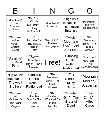 Mountain Songs Bingo Card