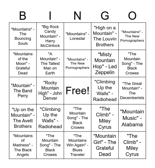 Mountain Songs Bingo Card