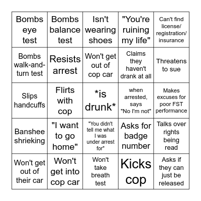 Drunk Driver Bodycam Bingo Card