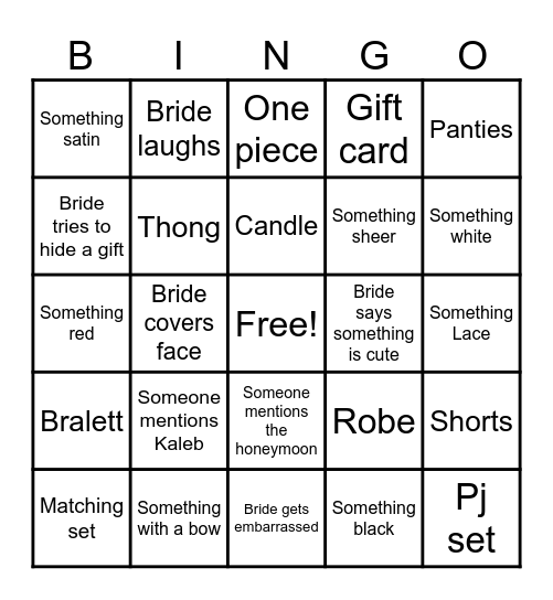 Megs Lingerie party Bingo Card