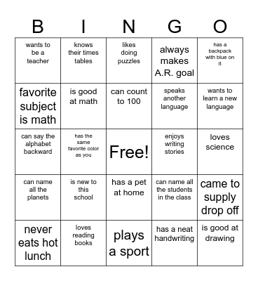 School & Learning Bingo Card