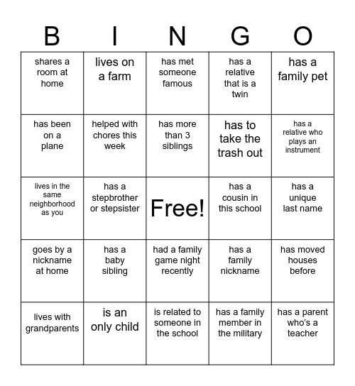 About Me & My Family Bingo Card