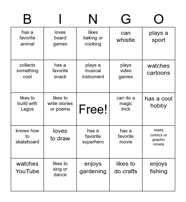 Hobbies & Favorites Bingo Card