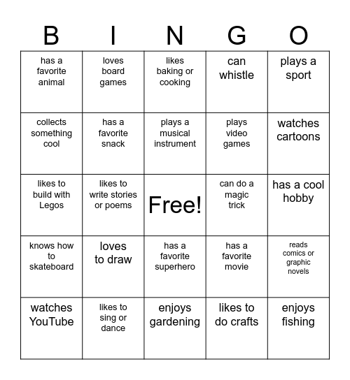 Hobbies & Favorites Bingo Card