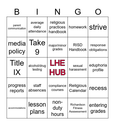RISD Campus Checklist Bingo Card