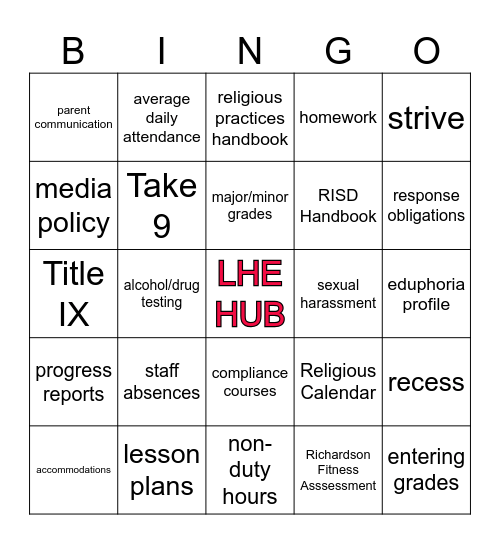 RISD Campus Checklist Bingo Card