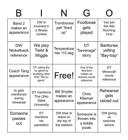 Band Camp Bingo Card