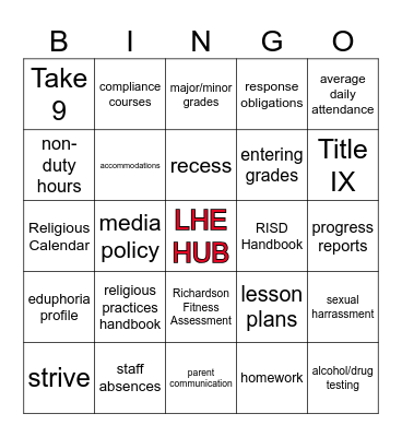 RISD Campus Checklist Bingo Card