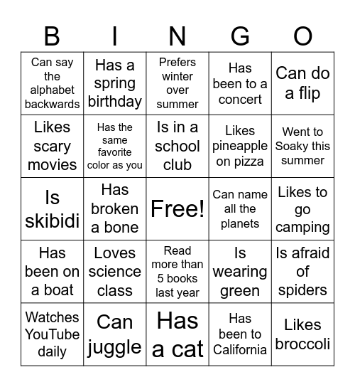 Classmate Bingo 2 Bingo Card