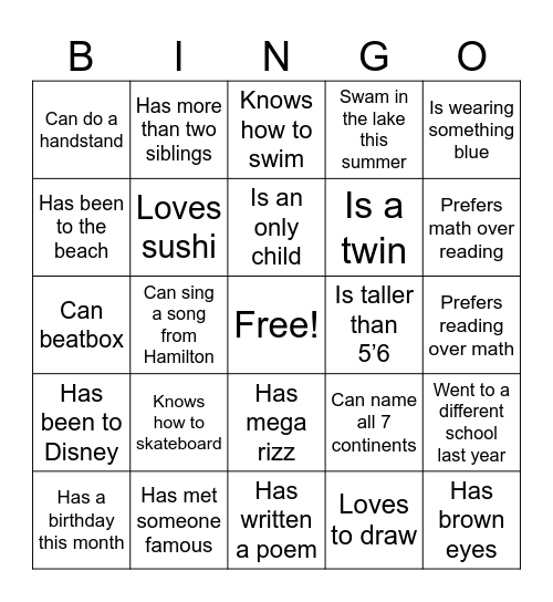 Classmate Bingo 3 Bingo Card