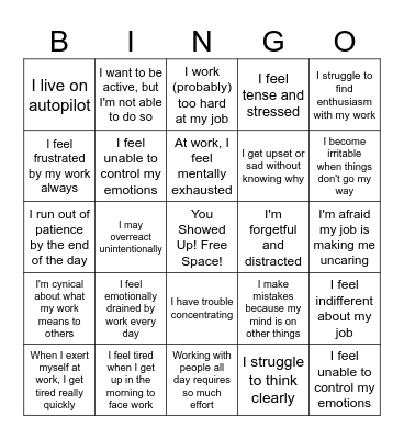 Burnout Bingo Card