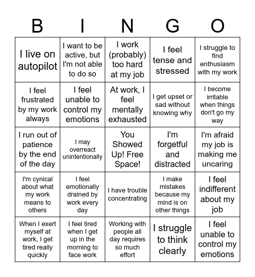 Burnout Bingo Card