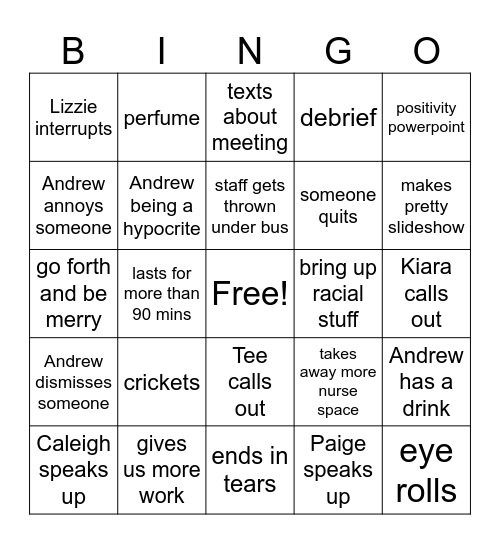 Staff Meeting Bingo Card