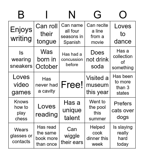 Classmate Bingo 4 Bingo Card
