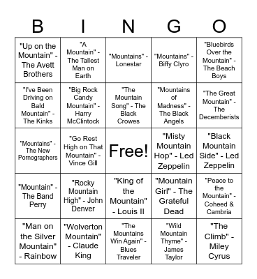 Mountain Songs Bingo Card
