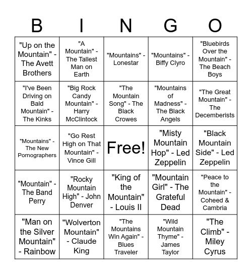 Mountain Songs Bingo Card