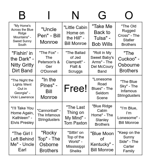 Bluegrass Songs Bingo Card