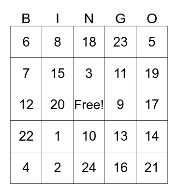 Number BINGO  Bingo Card
