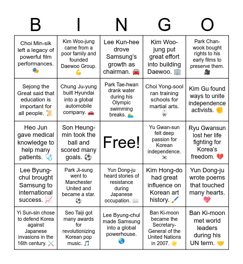 Famous Koreans Irregular Past Bingo Card