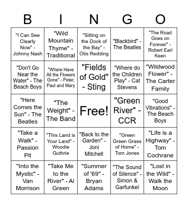 Nature Songs Bingo Card