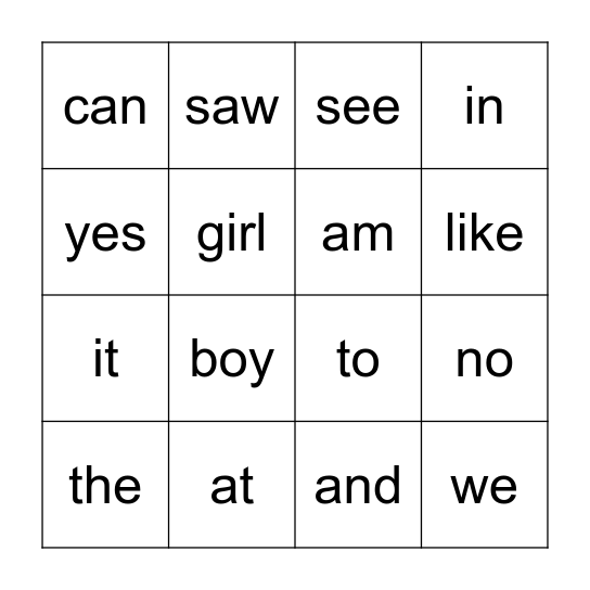 Sight word Bingo Card